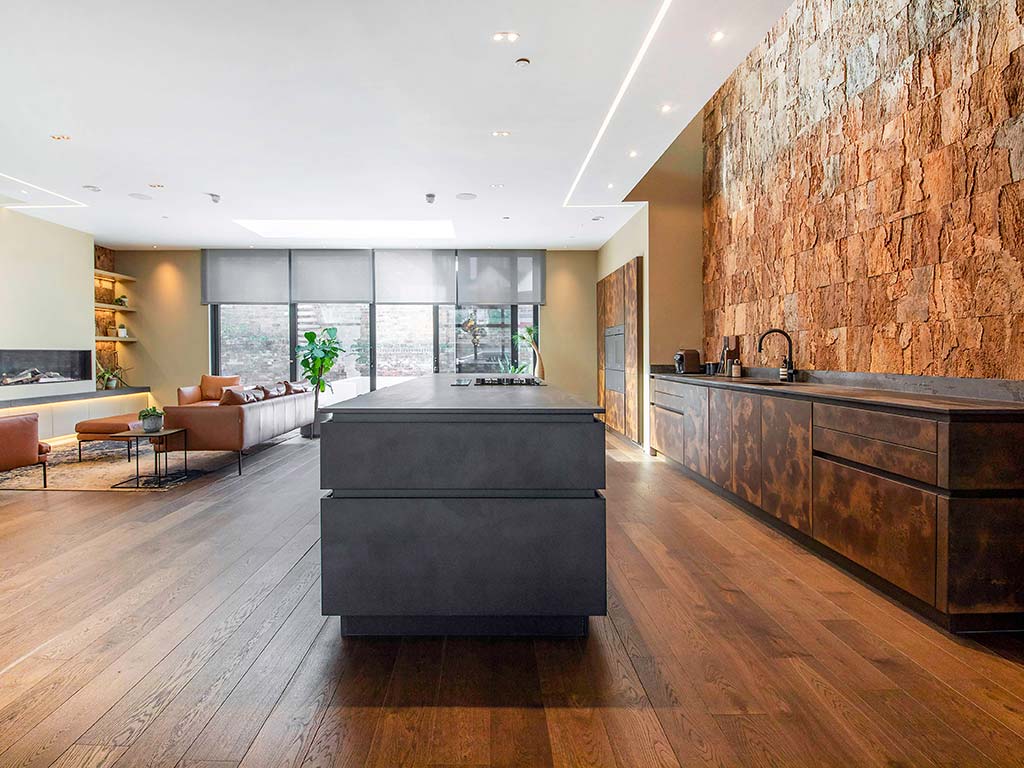 Inside a modern kitchen with closed aluminium sliding doors