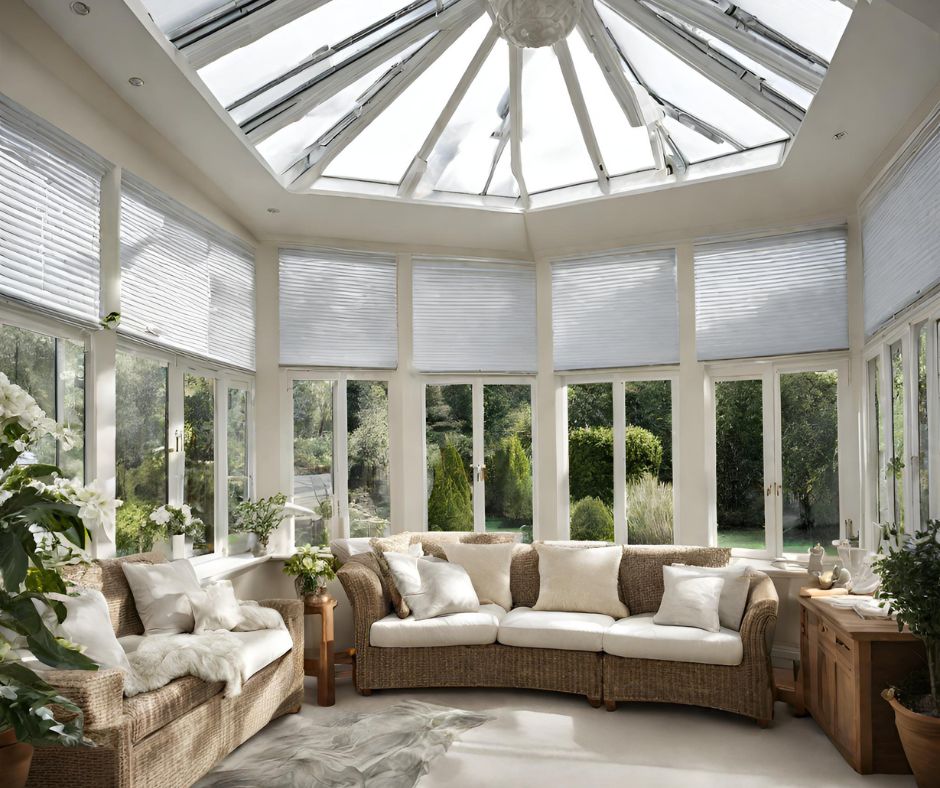 A white conservatory with window blinds