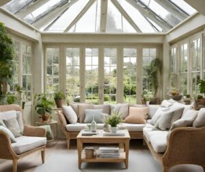 A large conservatory furnished with lighter coloured furniture