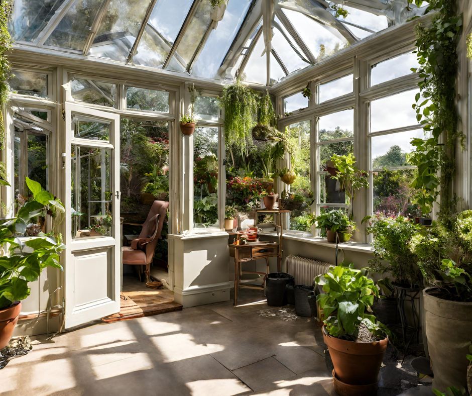 A summer conservatory filled with plants