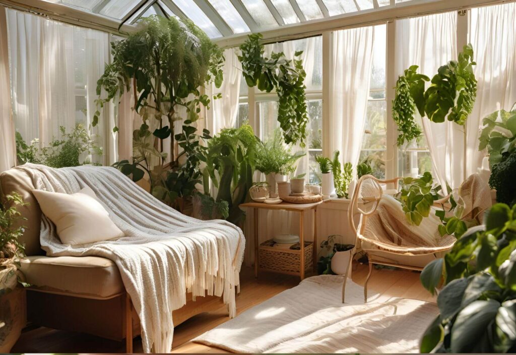 inside of a conservatory with curtains and blankets and many plants
